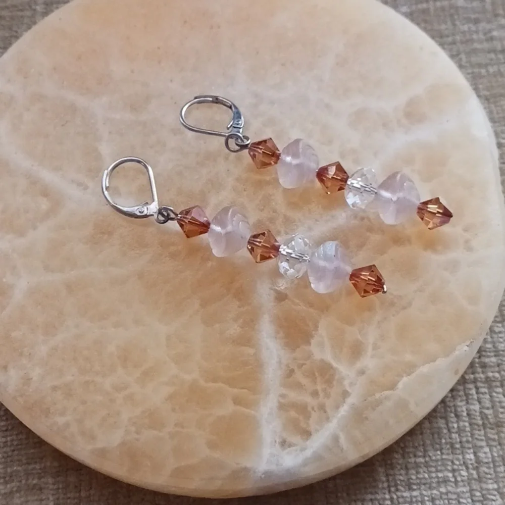 Silver Tone Leverback Pink Brown Glass Beaded Dangle Earrings